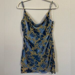 Blue Floral Velvet Burnout Cowl Neck Slip Dress